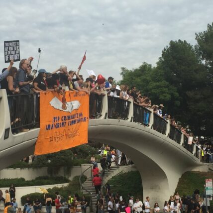 Photo of protestors standing on bridge